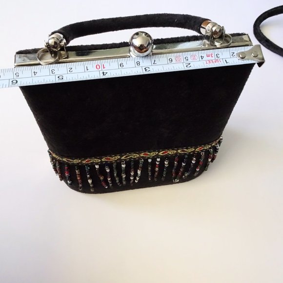 Moni Mini Black Velvet Beaded Fringe Clutch Purse - Picture 11 of 11